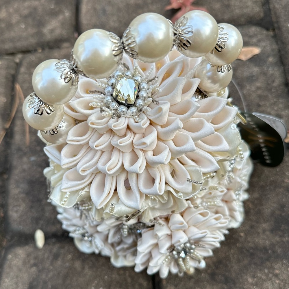 Mary Frances Ivory Satin Floral Pearl-Handle Evening Bag - Picture 2 of 8